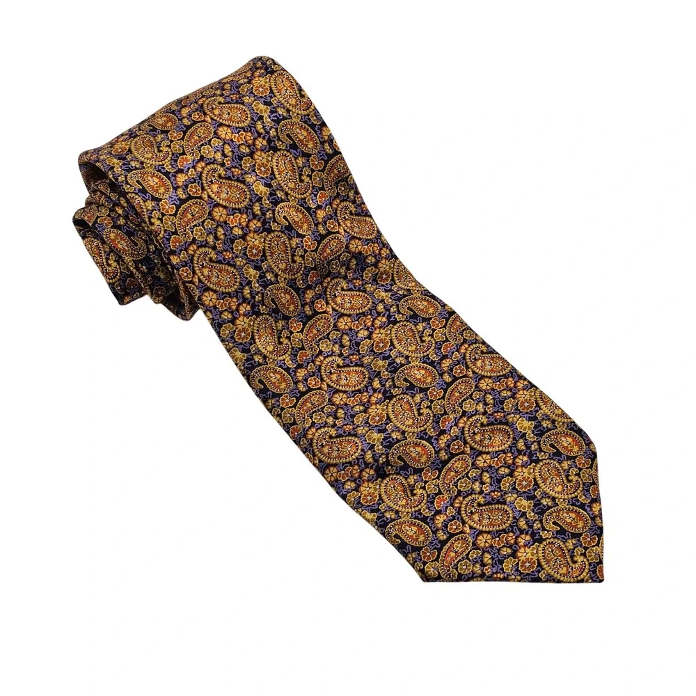 Brioni Silk Tie Gold‎ Purple Blue Paisley Floral Handmade Italy Luxury Designer